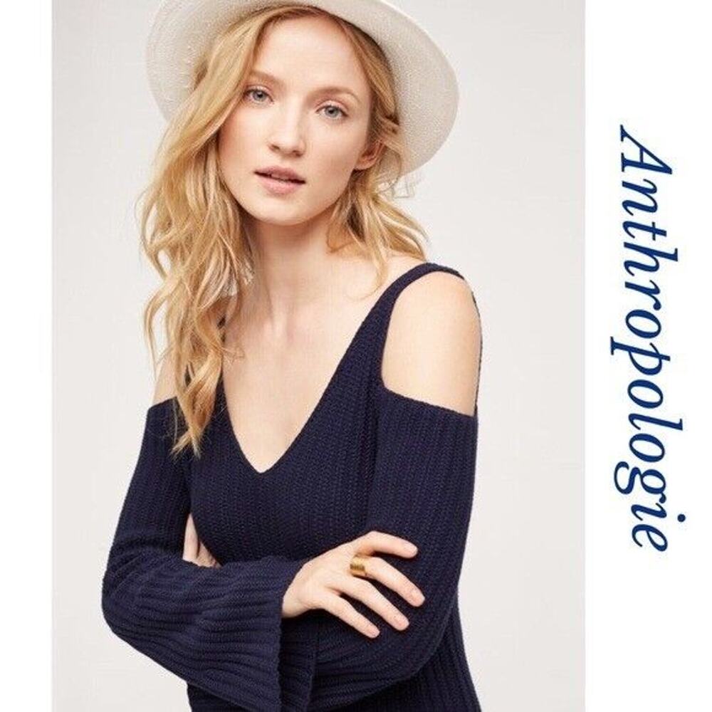 New Anthropologie Knitted Knotted Open Shoulder Pullover Sweater Small NAVY